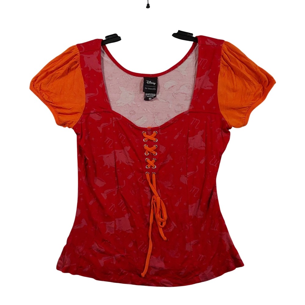 Her Universe Hocus Pocus Top Women MD Red Lace Up Puff Sleeve Disney Bodice